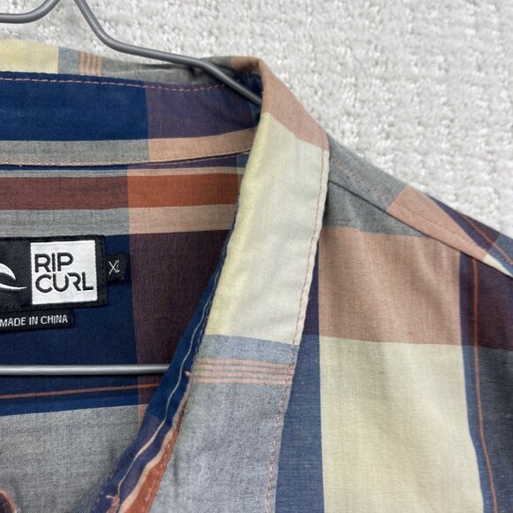 Rip Curl Men's XL Y2K Grunge Blue Plaid Distressed Short Sleeve Button Up Shirt - Picture 9 of 14